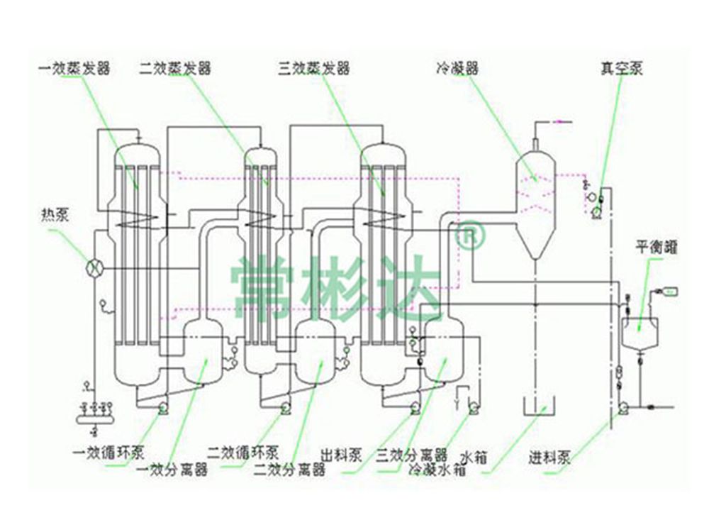 Three effect forced circulation evaporator